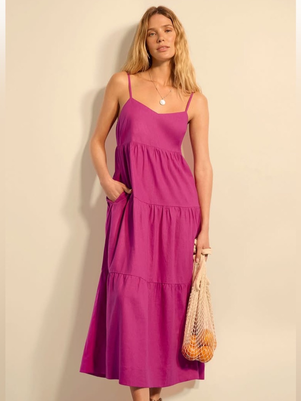 Cabi Kathleen Spaghetti Strap Tiered Maxi Dress in Magenta